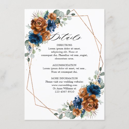 Terracotta Navy Blue Geometric Wedding Details Enclosure Card