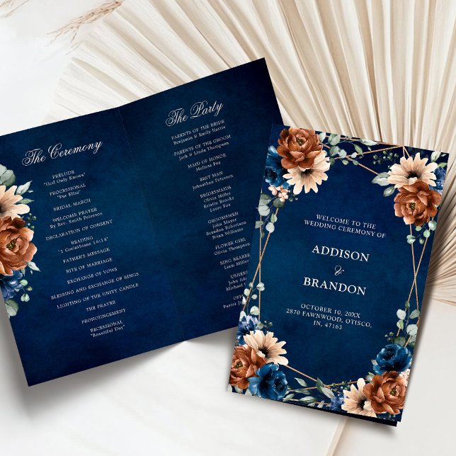 Terracotta Navy Blue Geometric Wedding Program (Terracotta Navy Blue floral Geometric Wedding folded Program card)