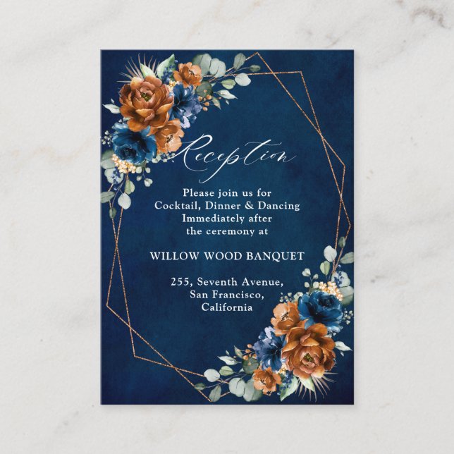 Terracotta Navy Blue Geometric Wedding Reception E Enclosure Card (Front)