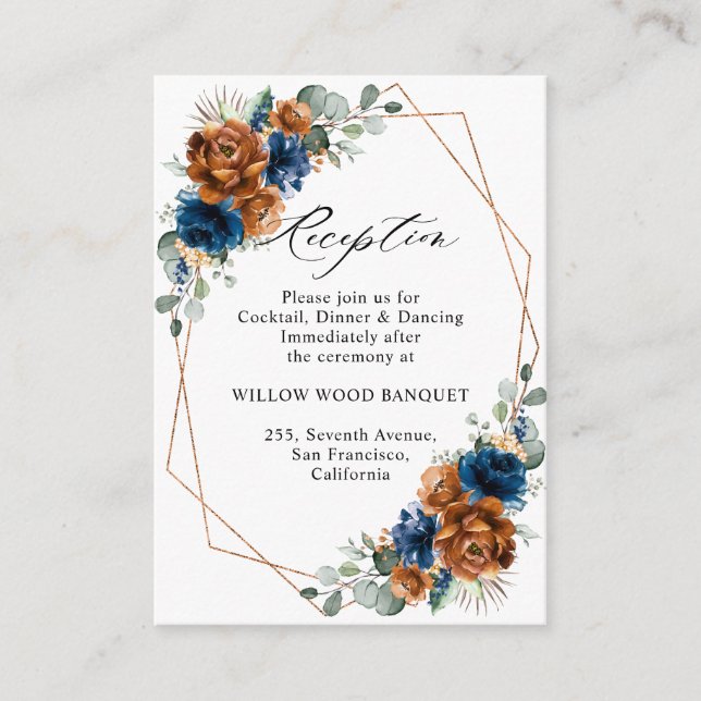 Terracotta Navy Blue Geometric Wedding Reception Enclosure Card (Front)