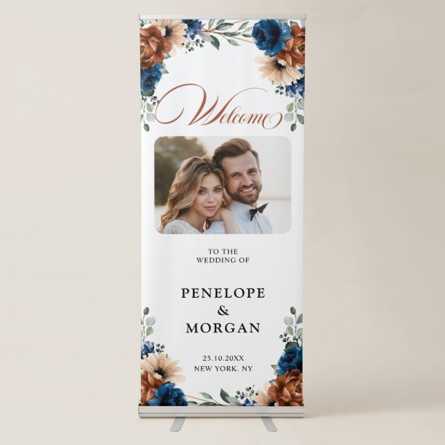 Terracotta Navy Blue Geometric Wedding Welcome Retractable Banner (Front)