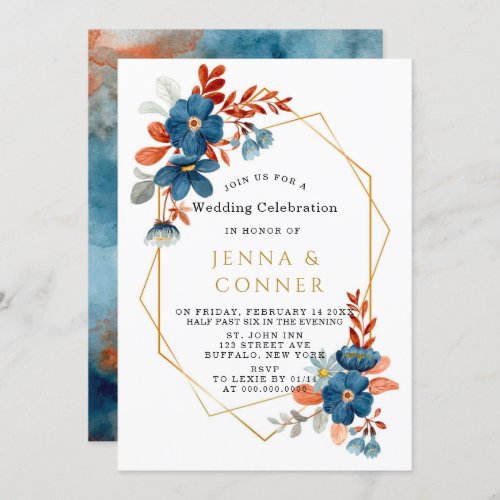 Terracotta Navy Blue Gold Floral Wedding Invitation