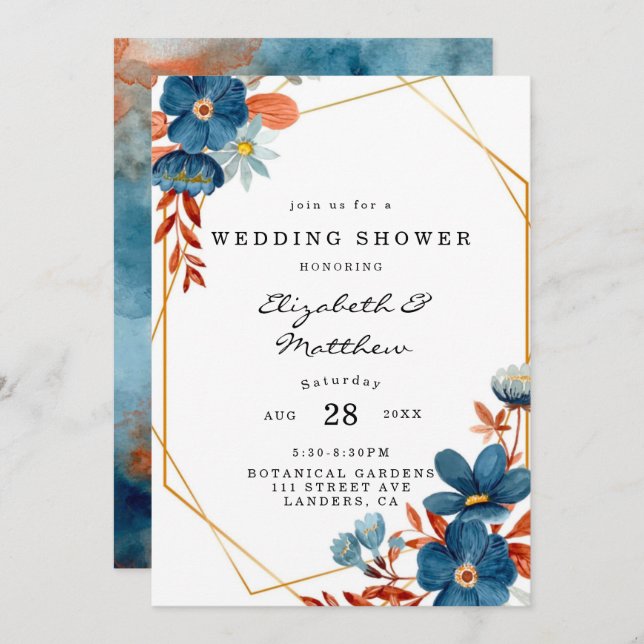 Terracotta Navy Blue Gold Floral Wedding Shower  Invitation (Front/Back)