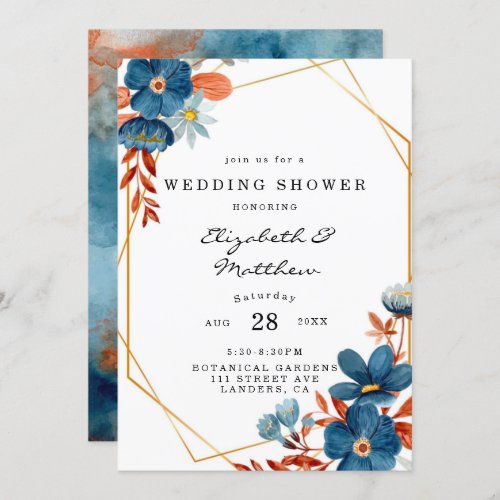 Terracotta Navy Blue Gold Floral Wedding Shower  Invitation