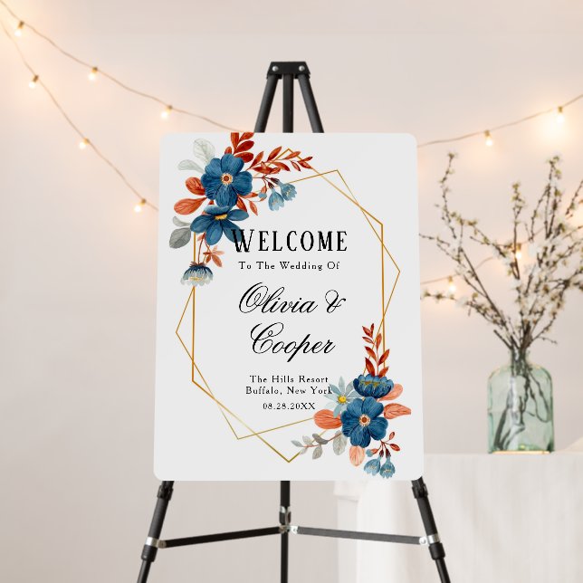 Terracotta Navy Blue Gold Floral Wedding Welcome Foam Board (In Situ (Stand))