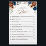 Terracotta Navy Blue Greenery Bridal Shower Game<br><div class="desc">Elegant Navy blue, Terracotta , Orange earthy floral theme bridal shower game (How well do you now the bride) featuring elegant bouquet of Navy blue, Terracotta color roses peonies and green eucalyptus leaves. Please contact me for any help in customization or if you need any other product with this design....</div>
