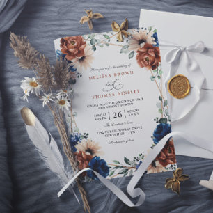 Terracotta Navy Blue Greenery Chic QR Code Wedding Invitation