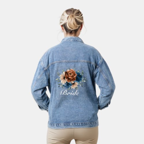 Terracotta Navy Blue Greenery floral Bride Denim Jacket