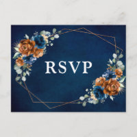 Terracotta Navy Blue Greenery Geometric RSVP Postc