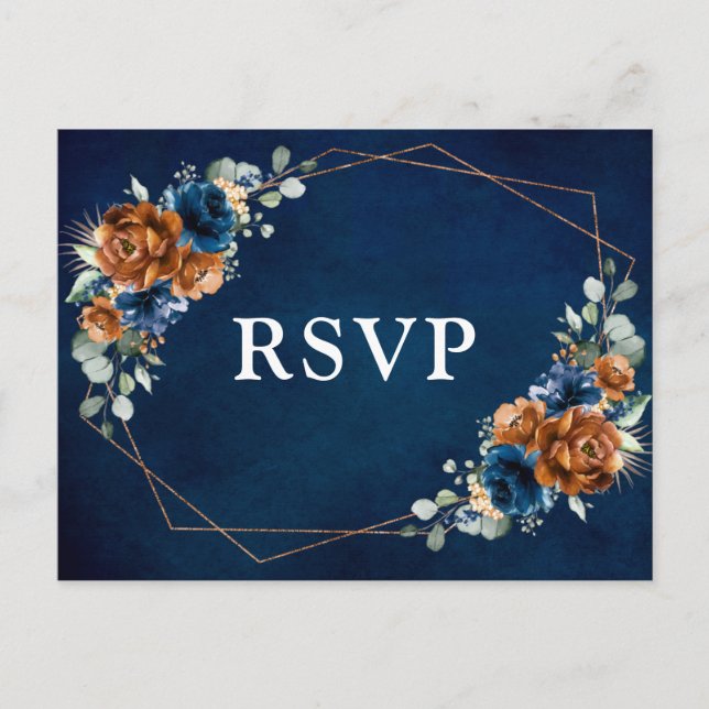 Terracotta Navy Blue Greenery Geometric RSVP Postc Postcard (Front)