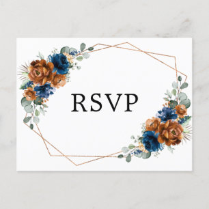 Terracotta Navy Blue Greenery Geometric RSVP Postcard