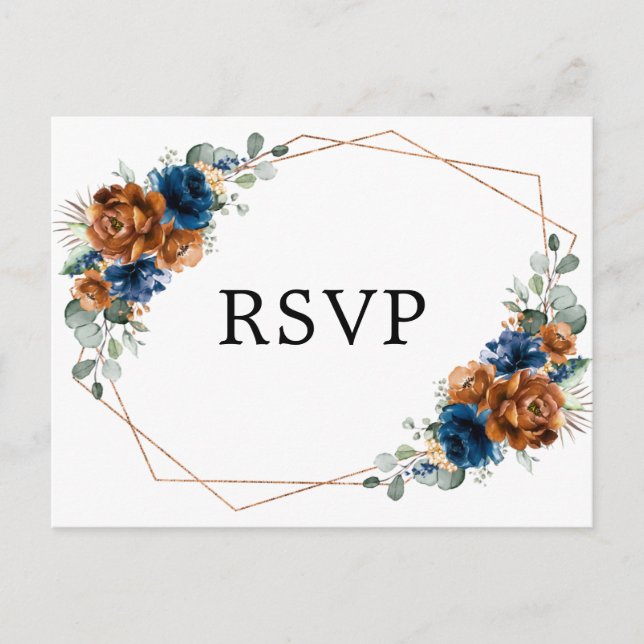 Terracotta Navy Blue Greenery Geometric RSVP Postcard (Front)