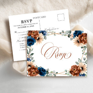 Terracotta Navy Blue Greenery Geometric RSVP Postcard