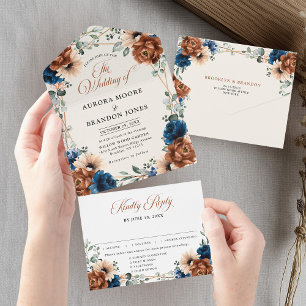 Terracotta Navy Blue Greenery Geometric Wedding Al All In One Invitation