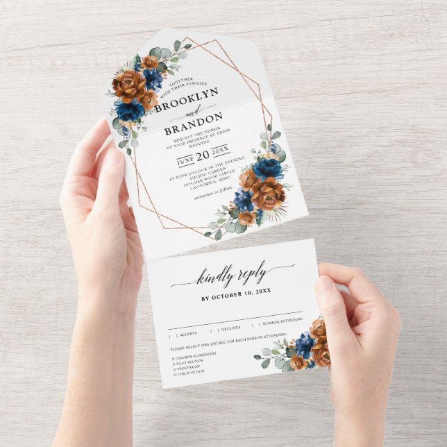 Terracotta Navy Blue Greenery Geometric Wedding All In One Invitation (Tearaway)