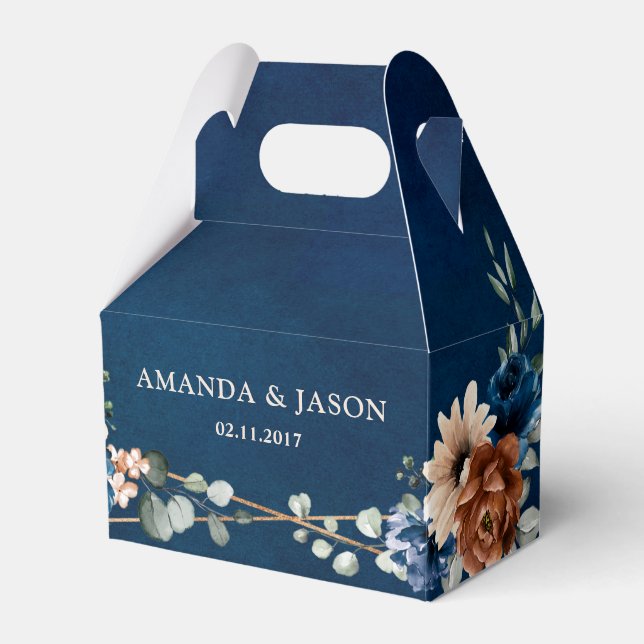 Terracotta Navy Blue Greenery Geometric Wedding Fa Favor Boxes (Front Side)