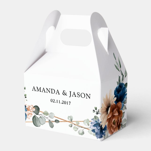 Terracotta Navy Blue Greenery Geometric Wedding Favor Boxes (Front Side)
