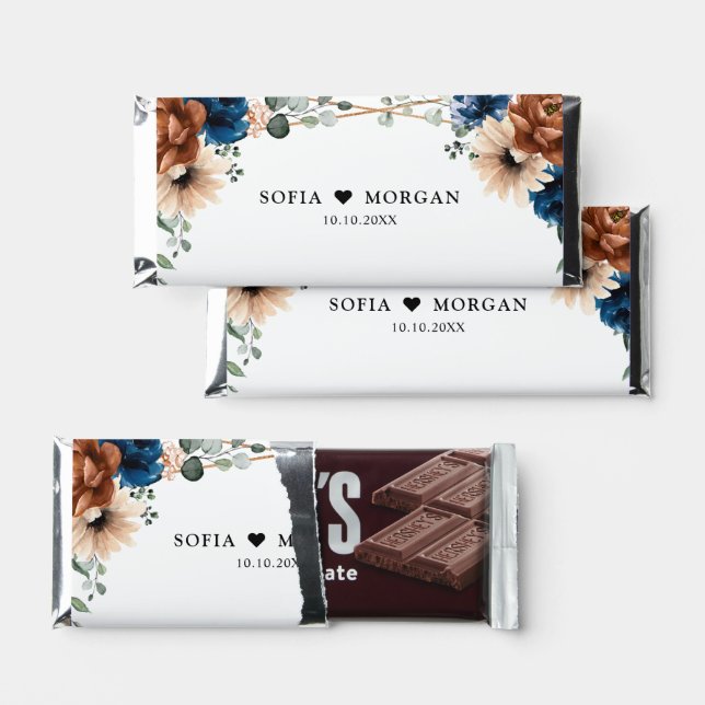 Terracotta Navy Blue Greenery Geometric Wedding Hershey Bar Favors (Front)