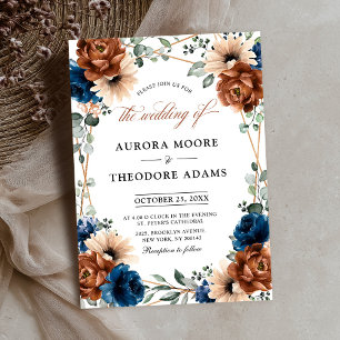 Terracotta Navy Blue Greenery Geometric Wedding In Invitation