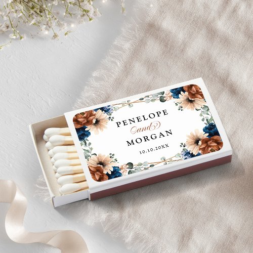 Terracotta Navy Blue Greenery Geometric Wedding Matchboxes