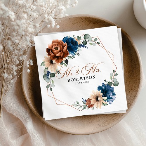 Terracotta Navy Blue Greenery Geometric Wedding Napkins