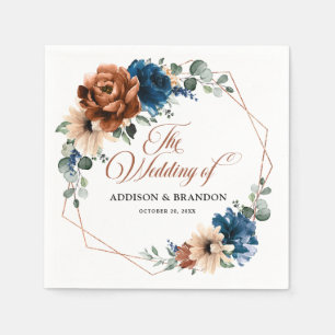 Terracotta Navy Blue Greenery Geometric Wedding Napkins