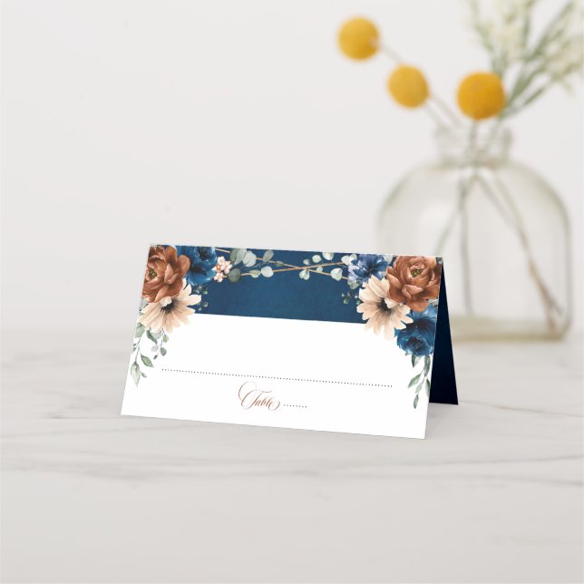 Terracotta Navy Blue Greenery Geometric Wedding Place Card (Front)