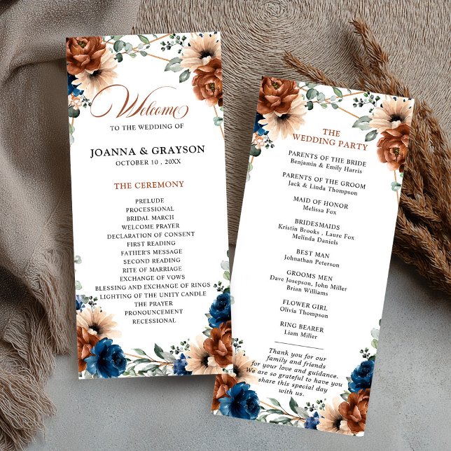Terracotta Navy Blue Greenery Geometric Wedding Program (Terracotta Navy Blue Greenery Geometric Wedding Program)