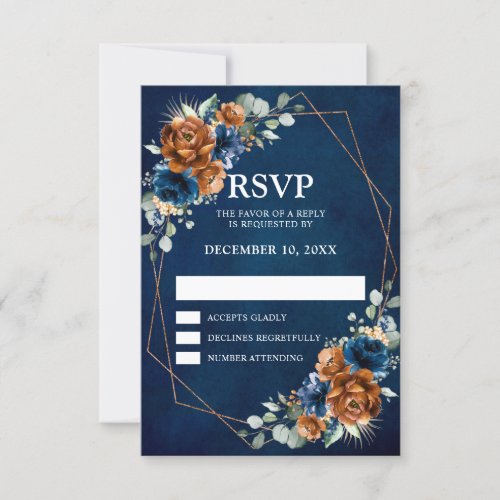 Terracotta Navy Blue Greenery Geometric Wedding RS RSVP Card