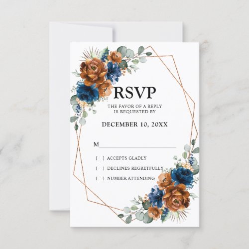 Terracotta Navy Blue Greenery Geometric Wedding RSVP Card