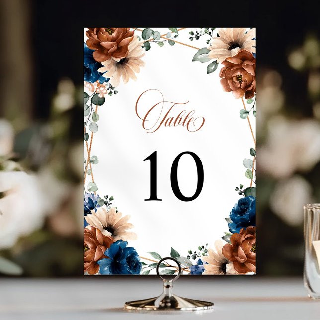 Terracotta Navy Blue Greenery Geometric Wedding Table Number (Terracotta Navy Blue Greenery Geometric Wedding Table Number)