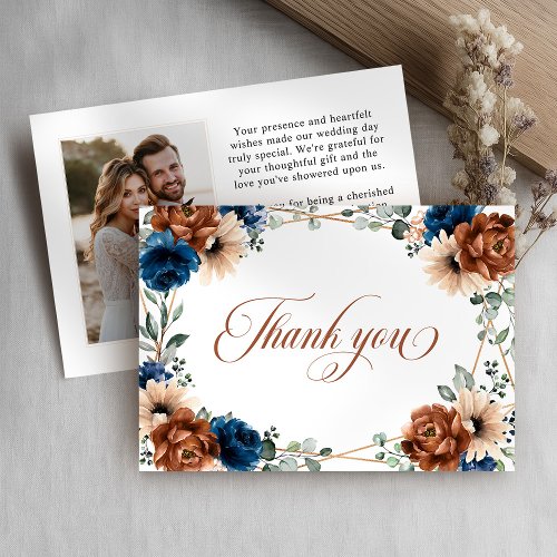 Terracotta Navy Blue Greenery Geometric Wedding Thank You Card