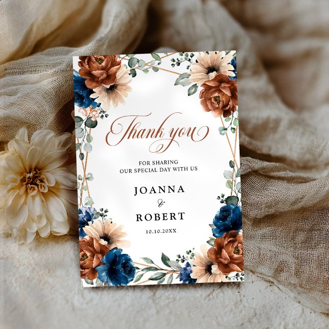 Terracotta Navy Blue Greenery Geometric Wedding Thank You Card (Terracotta Navy Blue Greenery Geometric Wedding Thank You Card)