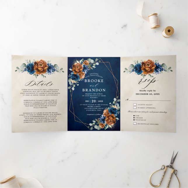 Terracotta Navy Blue Greenery Geometric Wedding Tr Tri-Fold Program (Inside)