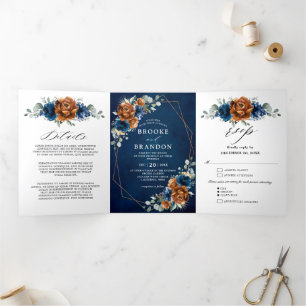Terracotta Navy Blue Greenery Geometric Wedding Tr Tri-Fold Program