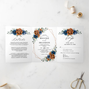 Terracotta Navy Blue Greenery Geometric Wedding Tri-Fold Program