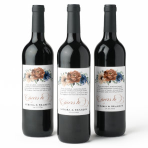 Terracotta Navy Blue Greenery Geometric Wedding Wine Label