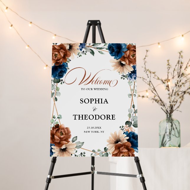 Terracotta Navy Blue Greenery Geometric Welcome Foam Board (In Situ (Stand))