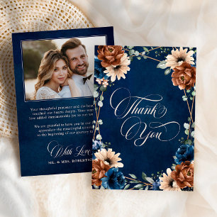 Terracotta Navy Blue Greenery Photo Wedding Thank You Card