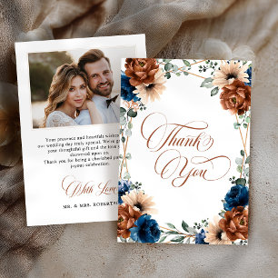 Terracotta Navy Blue Greenery Photo Wedding Thank You Card