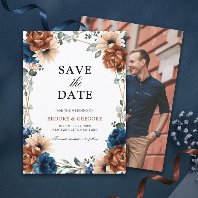 Terracotta Navy Blue Greenery Save the date (terracotta navy blue photo save the date)
