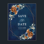Terracotta Navy Blue Greenery Save the Date Postca Postcard<br><div class="desc">Elegant Navy blue,  Terracotta ,  Orange earthy floral theme save the date postcard featuring elegant bouquet of Navy blue,  Terracotta color roses peonies  and green eucalyptus leaves. Please contact me for any help in customization or if you need any other product with this design.</div>