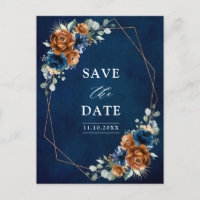 Terracotta Navy Blue Greenery Save the Date Postca