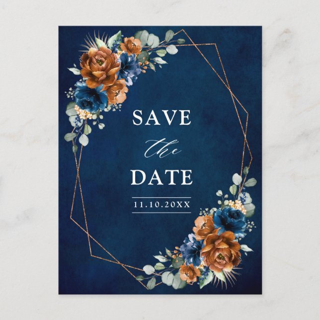 Terracotta Navy Blue Greenery Save the Date Postca Postcard (Front)