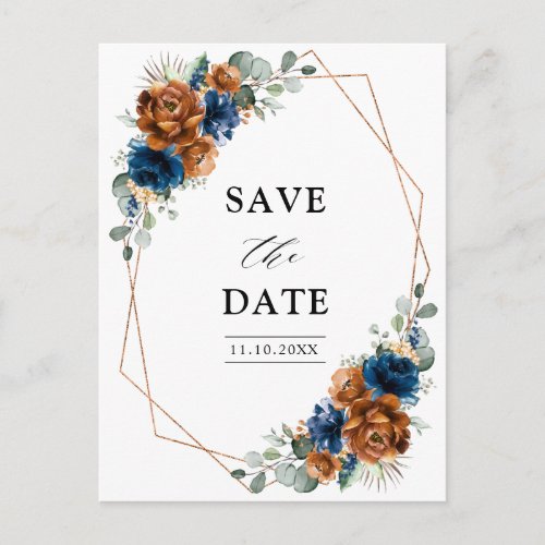 Terracotta Navy Blue Greenery Save the Date Postcard