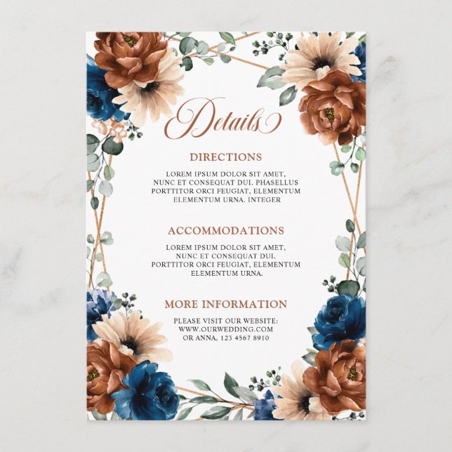 Terracotta Navy Blue Greenery Wedding Details Enclosure Card (Front)