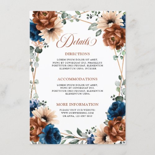 Terracotta Navy Blue Greenery Wedding Details Enclosure Card