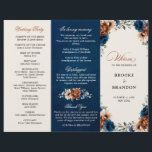 Terracotta Navy Blue Greenery Wedding Program<br><div class="desc">Elegant Navy blue,  Terracotta ,  Orange earthy floral theme wedding tri fold program featuring elegant bouquet of Navy blue,  Terracotta color roses peonies  and green eucalyptus leaves. Please contact me for any help in customization or if you need any other product with this design.</div>