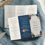 Terracotta Navy Blue Greenery Wedding Program<br><div class="desc">Elegant Navy blue,  Terracotta ,  Orange earthy floral theme wedding tri fold program featuring elegant bouquet of Navy blue,  Terracotta color roses peonies  and green eucalyptus leaves. Please contact me for any help in customization or if you need any other product with this design.</div>