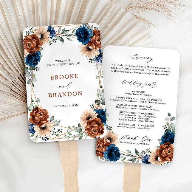 Terracotta Navy Blue Greenery Wedding Program Hand Fan (Terracotta Navy Blue Greenery Wedding Program Hand Fan)